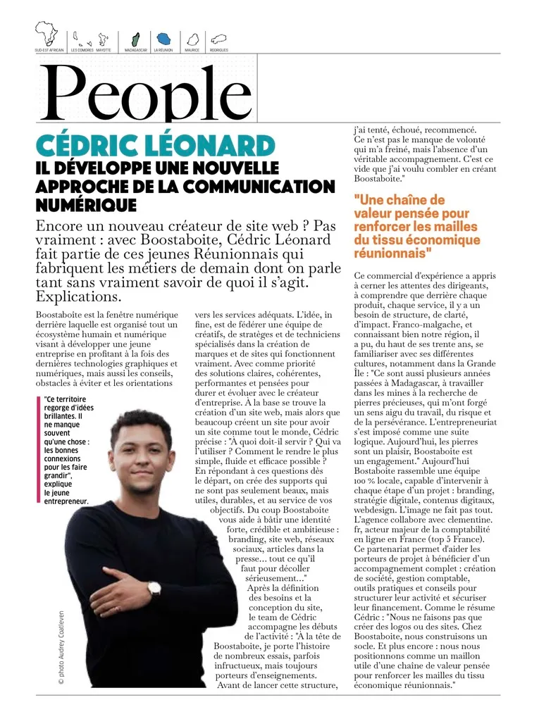 La page People, telle qu’elle est parue. Portrait de Cédric Léonard et texte de l’article.